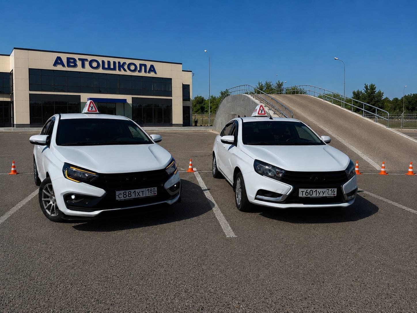 Учебные автомобили перед зданием автошколы